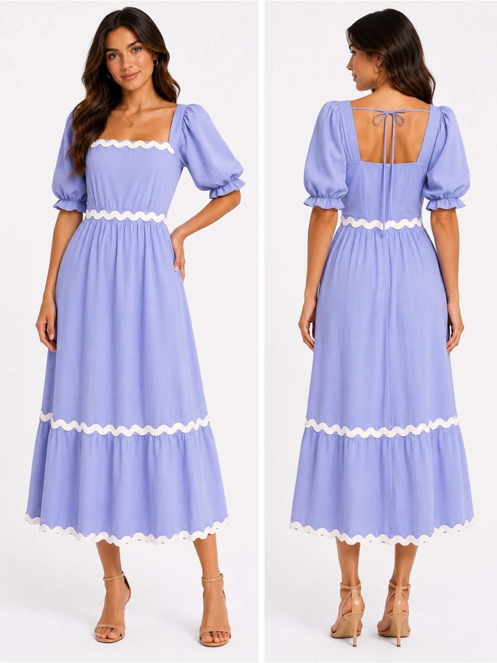 BTFBM Size Large Lilac Puff-Sleeve Maxi Dress with White Trim Ric Rac